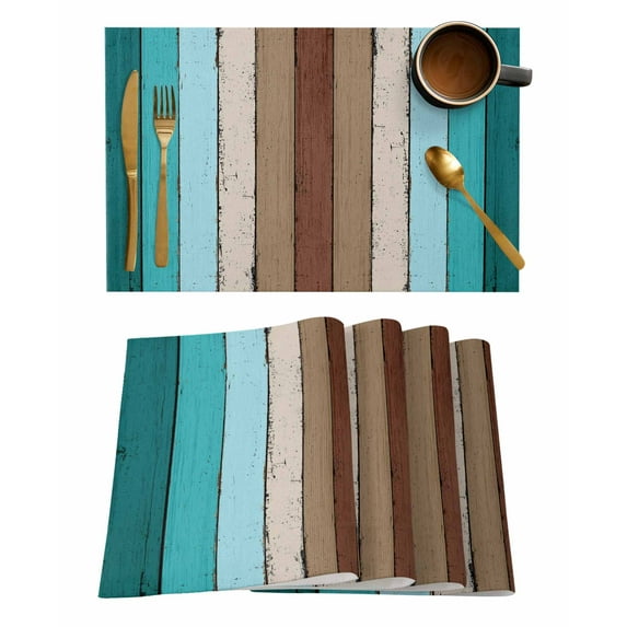 Placemats Set of 8, Aqua Teal Woven Placemat, Linen Place Mats for Kitchen/Dining Tables, Farmhouse Wood Grain Vintage Brown Striped Washable Table Mats for Party