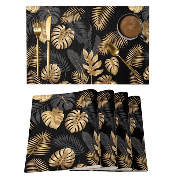 Placemats Set of 8, Black Golden Palm Leaf Woven Placemat, Linen Place Mats for Kitchen/Dining Tables, Tropical Plant Modern Luxury Washable Table Mats for Party