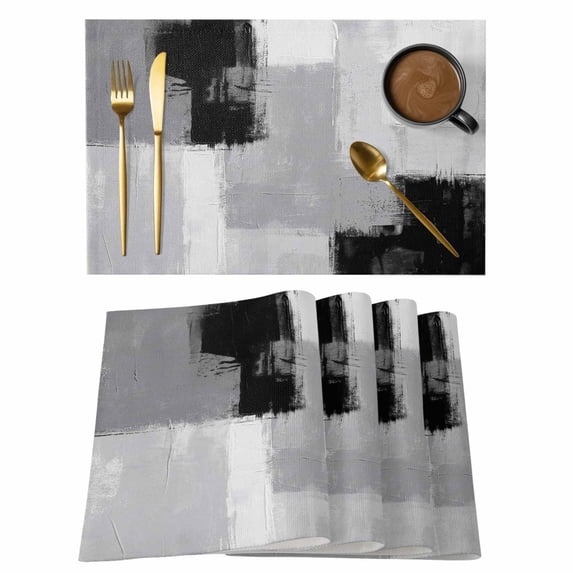 Placemats Set of 8, Black Grey Woven Placemat, Linen Place Mats for Kitchen/Dining Tables, Abstract Geometric Color Block Oil Painting Washable Table Mats for Party