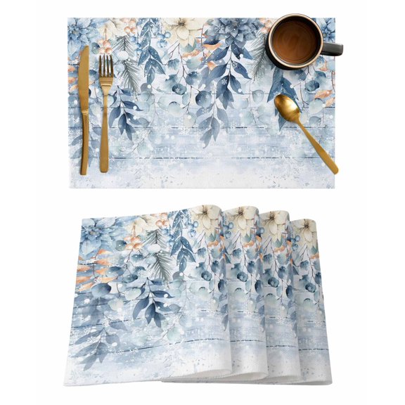 Placemats Set of 8, Blue Eucalyptus Woven Placemat, Linen Place Mats for Kitchen/Dining Tables, Christmas Leaves Poinsettia Farmhouse Wooden Washable Table Mats for Party