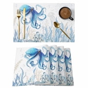 Placemats Set of 8, Blue Octopus Coastal Woven Placemat, Linen Place Mats for Kitchen/Dining Tables, Summer Beach Nautical Ocean Coral Starfish Washable Table Mats for Party