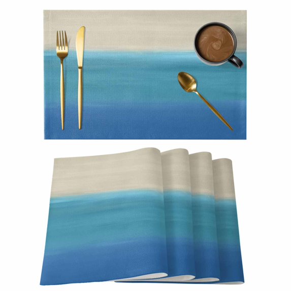 Placemats Set of 8, Blue Teal Beige Ombre Woven Placemat, Linen Place Mats for Kitchen/Dining Tables, Modern Abstract Art Abstract Washable Table Mats for Party