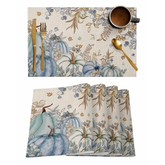 Placemats Set of 8, Blue Teal Fall Woven Placemat, Linen Place Mats for Kitchen/Dining Tables, Thanksgiving Pumpkins Rustic Botanical Washable Table Mats for Party