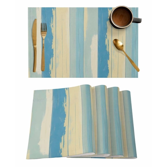 Placemats Set of 8, Blue Wood Planks Woven Placemat, Linen Place Mats for Kitchen/Dining Tables, Gradient Wooden Grain Abstract Washable Table Mats for Party