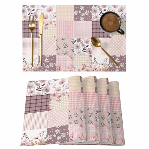 Placemats Set of 8, Boho Spring Floral Woven Placemat, Linen Place Mats for Kitchen/Dining Tables, Vintage Flowers Patchwork Plaid Pink Washable Table Mats for Party