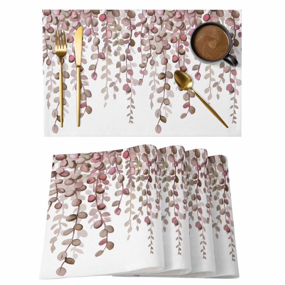 Placemats Set of 8, Brown Eucalyptus Leaves Woven Placemat, Linen Place Mats for Kitchen/Dining Tables, Spring Leaves Plants Country Washable Table Mats for Party