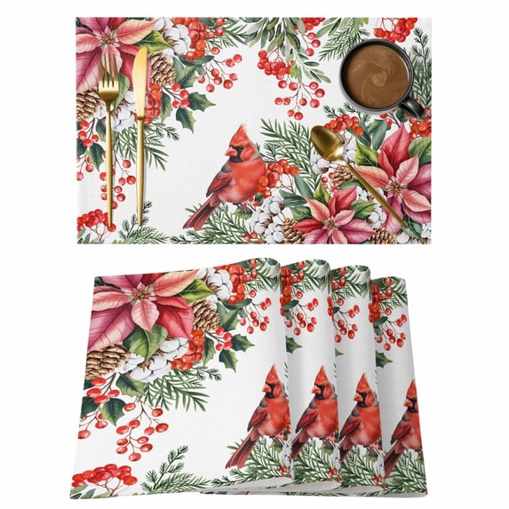 Placemats Set of 8, Cardinal Bird Woven Placemat, Linen Place Mats for Kitchen/Dining Tables, Winter Poinsettia Berry Pine Cones Floral Washable Table Mats for Party