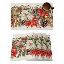 Placemats Set of 8, Christmas Poinsettia Woven Placemat, Linen Place Mats for Kitchen/Dining Tables, Xmas Botanical Floral Snowflakes Washable Table Mats for Party