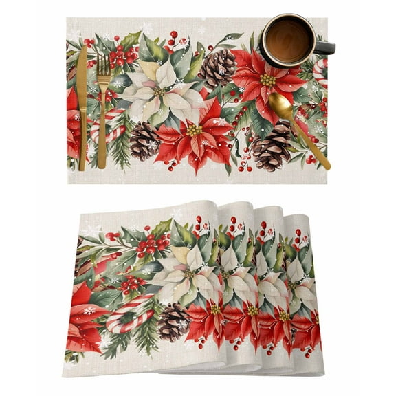 Placemats Set of 8, Christmas Poinsettia Woven Placemat, Linen Place Mats for Kitchen/Dining Tables, Xmas Botanical Floral Snowflakes Washable Table Mats for Party