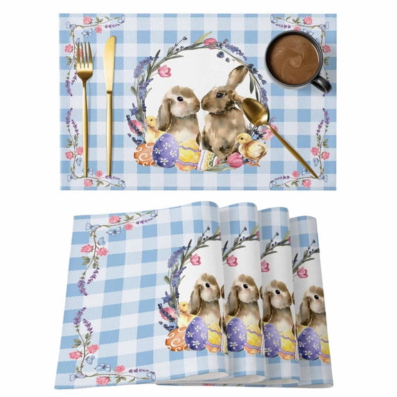 Placemats Set of 8, Easter Bunny Woven Placemat, Linen Place Mats for Kitchen/Dining Tables, Spring Easter Eggs Chick Floral Blue Check Washable Table Mats for Party