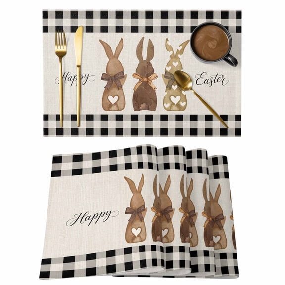 Placemats Set of 8, Easter Bunny Woven Placemat, Linen Place Mats for Kitchen/Dining Tables, Vintage Rabbits Bow Black Plaid Washable Table Mats for Party