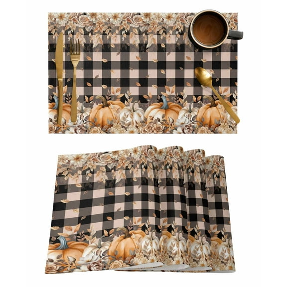 Placemats Set of 8, Fall Pumpkin Fallen Leaves Rose Watercolor Plaid Cotton Place Mats for Kitchen, Heat Insulation Table Mats Washable Foldable Dining Table Decoration for Home Party 13 x 19 Inch