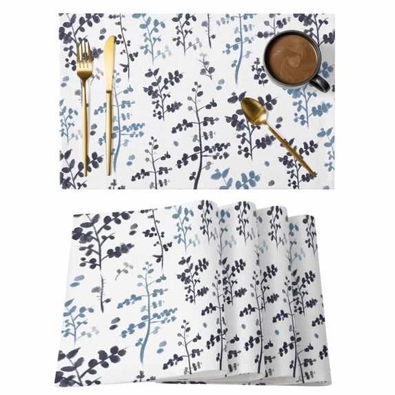 Placemats Set of 8, Grey Blue Botanical Woven Placemat, Linen Place Mats for Kitchen/Dining Tables, Watercolor Spring Floral Summer Leaf Washable Table Mats for Party