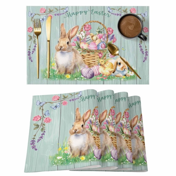 Placemats Set of 8, Happy Easter Woven Placemat, Linen Place Mats for Kitchen/Dining Tables, Spring Easter Eggs Bunny Floral Teal Wood Washable Table Mats for Party