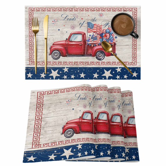 Placemats Set of 8, Independence Day Woven Placemat, Linen Place Mats for Kitchen/Dining Tables, 4th of July Red Truck Flag Wooden Washable Table Mats for Party