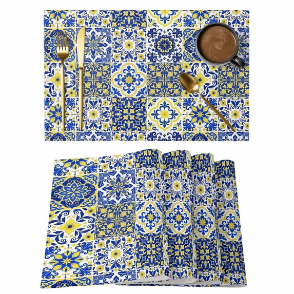 Placemats Set of 8, Middle Century Woven Placemat, Linen Place Mats for Kitchen/Dining Tables, Vintage Farmhouse Bohemia Style Blue Washable Table Mats for Party