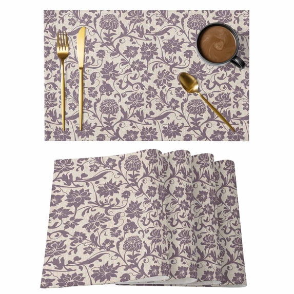 Placemats Set of 8, Purple Floral Woven Placemat, Linen Place Mats for Kitchen/Dining Tables, Spring Plants Flowers Vintage Rustic Washable Table Mats for Party