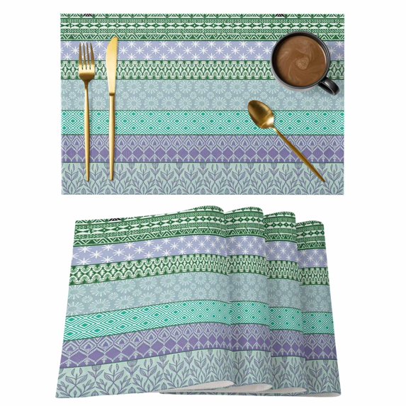 Placemats Set of 8, Purple Green Boho Woven Placemat, Linen Place Mats for Kitchen/Dining Tables, Vintage Ethnic Tribe Abstract Art Washable Table Mats for Party