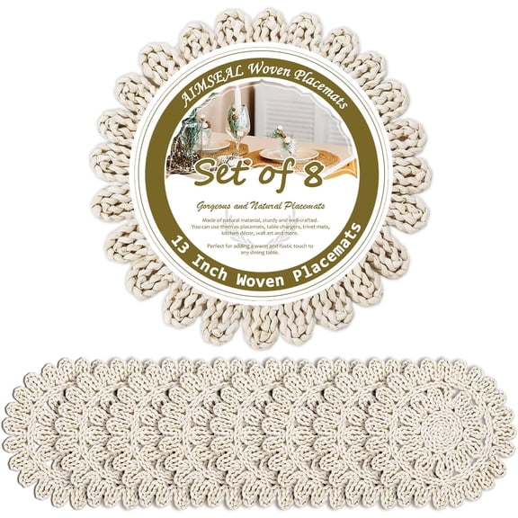 Placemats Set of 8 - Rattan Round Place Mats & Cotton Braided Placemat for Dining Table Setting, Rustic Farmhouse Boho Wedding Decor, Wicker Woven Charger Dinner Plates, 16Pcs