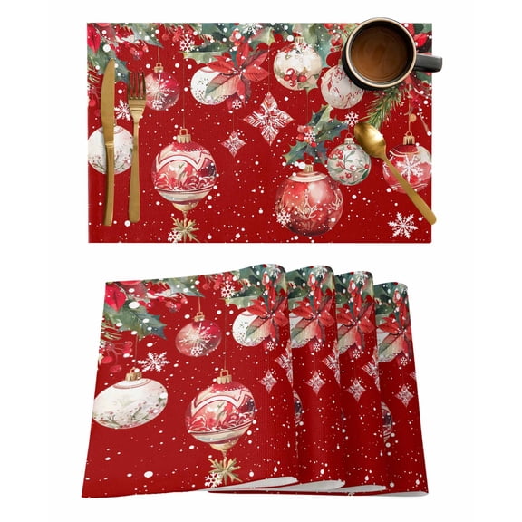 Placemats Set of 8, Red Christmas Balls Woven Placemat, Linen Place Mats for Kitchen/Dining Tables, Xmas Poinsettia Botanical Washable Table Mats for Party
