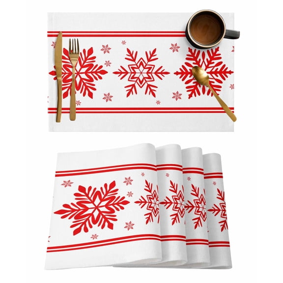Placemats Set of 8, Red Snowflake Christmas Woven Placemat, Linen Place Mats for Kitchen/Dining Tables, Xmas Abstract Art Winter Washable Table Mats for Party