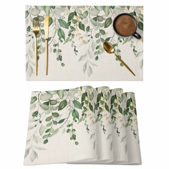 Placemats Set of 8, Sage Green Eucalyptus Woven Placemat, Linen Place Mats for Kitchen/Dining Tables, Farmhouse Weeping Leaves Linen Washable Table Mats for Party