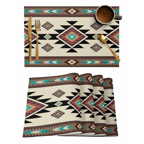 Placemats Set of 8, Southwest Geometric Woven Placemat, Linen Place Mats for Kitchen/Dining Tables, Brown Mexican Aztec Boho Tribal Washable Table Mats for Party