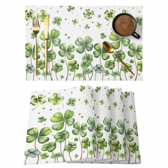 Placemats Set of 8, St. Patrick's Day Woven Placemat, Linen Place Mats for Kitchen/Dining Tables, Spring Sage Green Four Leaf Grass Washable Table Mats for Party