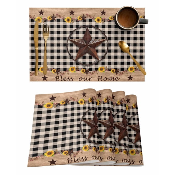 Placemats Set of 8, Star Country Woven Placemat, Linen Place Mats for Kitchen/Dining Tables, Farmhouse Sunflower Texas Retro Checkered Washable Table Mats for Party