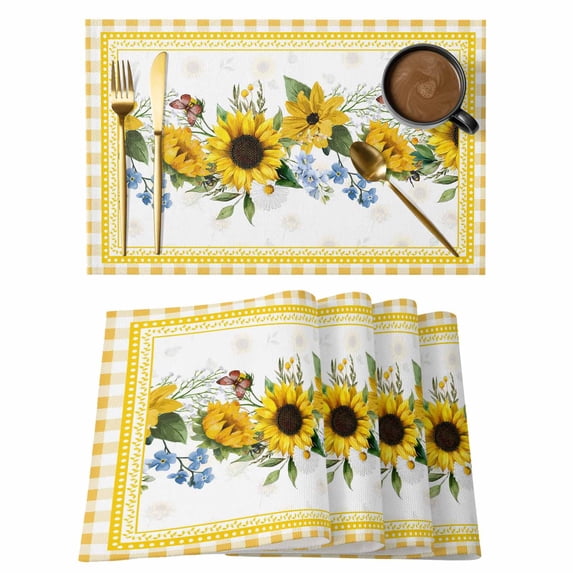 Placemats Set of 8, Sunflower Woven Placemat, Linen Place Mats for Kitchen/Dining Tables, Yellow Flowers Yellow Plaid Farmhouse Washable Table Mats for Party