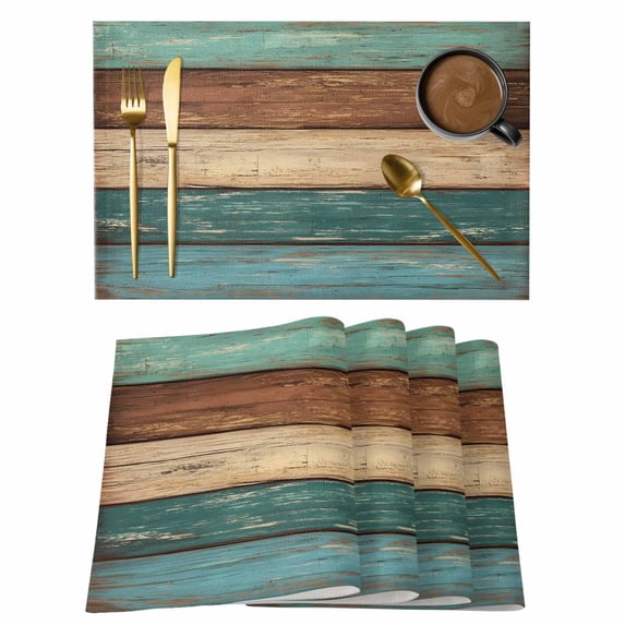 Placemats Set of 8, Teal Turquoise Wooden Woven Placemat, Linen Place Mats for Kitchen/Dining Tables, Rustic Retro Farmhouse Western Country Washable Table Mats for Party