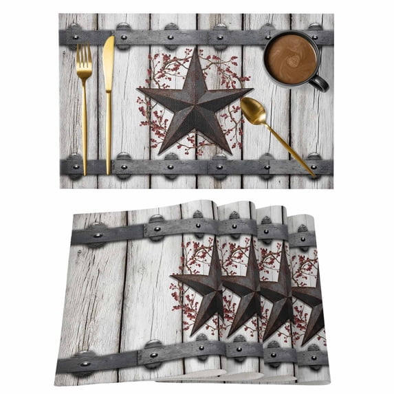 Placemats Set of 8, Texas Star Retro Woven Placemat, Linen Place Mats for Kitchen/Dining Tables, Brown Wooden Berry Vintage Farm Washable Table Mats for Party