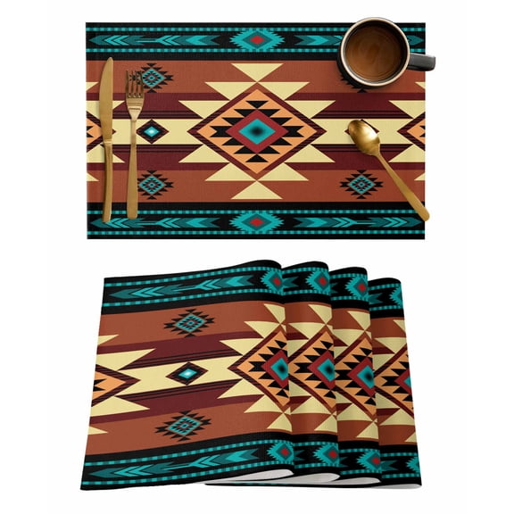 Placemats Set of 8, Turquoise Red Woven Placemat, Linen Place Mats for Kitchen/Dining Tables, Southwest American Native Abstract Pattern Washable Table Mats for Party