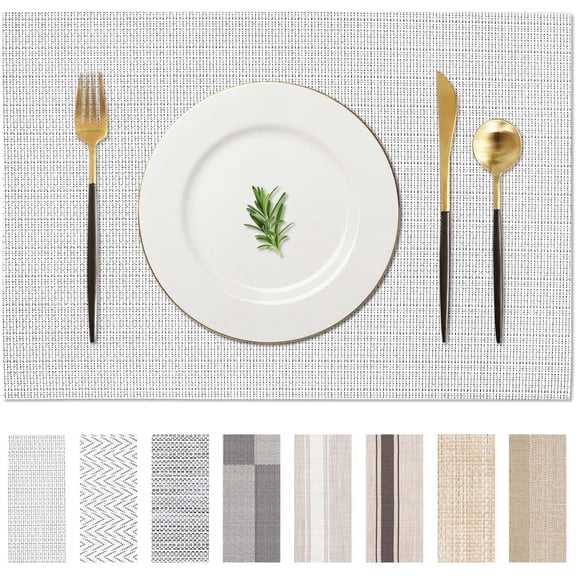 Placemats Set of 8 Washable Woven Vinyl Placemats for Dining Table Heat Resistant Non-Slip Stain Resistant Table Mats for Kitchen & Home Decor(White,8)