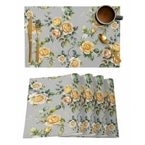 Placemats Set of 8, Yellow Rose Woven Placemat, Linen Place Mats for Kitchen/Dining Tables, Vintage Country Botanical Floral Vines Washable Table Mats for Party