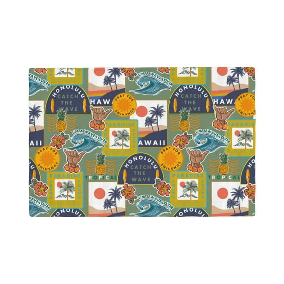Placemats Set Of 4 / 6, Hawaiian Style Pineapple Waves Placemats For Dining Table Indoor/Outdoors Heat Resistant Washable Placemats 18" X 12"