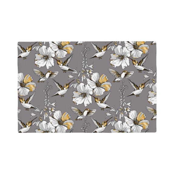 Placemats Set Of 4 / 6, White Flowers Hummingbird Gray Placemats For Dining Table Indoor/Outdoors Heat Resistant Washable Placemats 18" X 12"