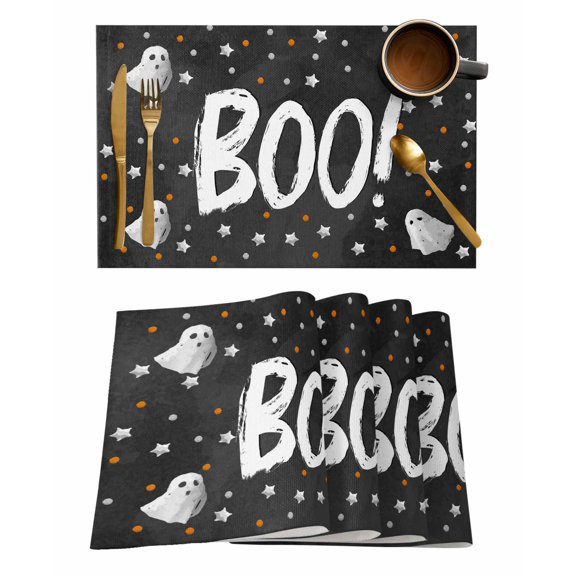 Placemats Set of 2 Halloween Black White Ghosts Stars Full Moon Night Boo Heat Insulation Washable Place Mats, Rustic Non-Slip Table Mats for Dining Table Party Kitchen Decor,13x19 Inch