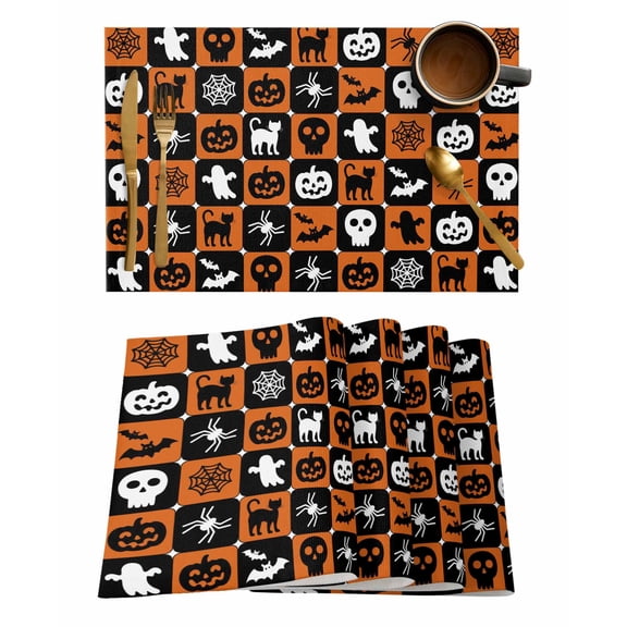 Placemats Set of 2 Halloween Orange Black Ghost Pumpkin Skull Plaid Patchwork Heat Insulation Washable Place Mats, Rustic Non-Slip Table Mats for Dining Table Party Kitchen Decor,13x19 Inch