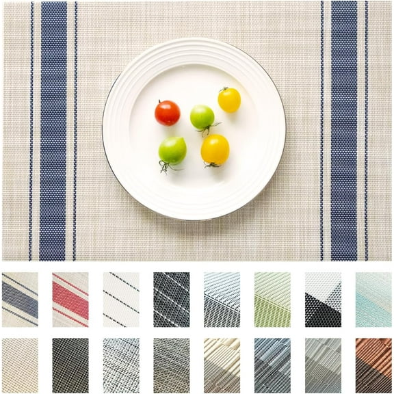 Khaki Blue Placemats Set of 12, Vinyl Plastic Woven Washable Wipeable Dining Table Mats for Kitchen Indoor Outdoor