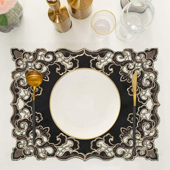 Placemats Set of 12 for European Dining Table, Table Placemats, Rectangular PVC Vinyl, 12x18 Inches - Black Gold