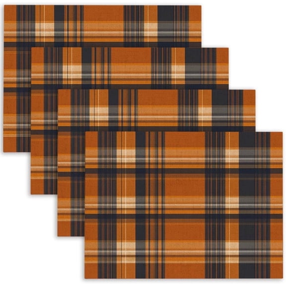 Placemats Set of 4, 12X18 Inch Orange Plaid Autumn Thanksgiving Harvest Watercolor Table Mats for Dining Party Decoration