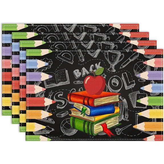 Placemats Set of 4, 12x18 Inch First Day of School Colorful Crayons Heat Resistant Table Mats for Dining Kitchen Classroom Party Holiday Decor