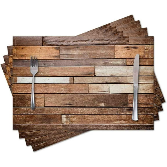 Placemats Set of 4,Brown Plank Wooden,Washable Burlap Woven Heat Resistant Placemat for Dinning Table,Farmhouse,Outdoor,18X12 Inch