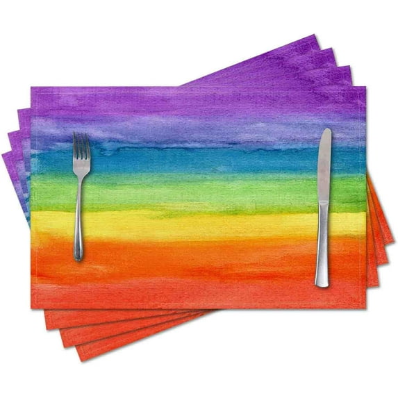 Placemats Set of 4,Colorful Strip Rainbow,Washable Burlap Woven Heat Resistant Placemat for Dinning Table,Farmhouse,Outdoor,18X12 Inch