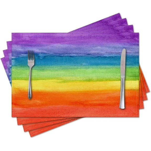 Placemats Set of 4,Colorful Strip Rainbow,Washable Burlap Woven Heat Resistant Placemat for Dinning Table,Farmhouse,Outdoor,18X12 Inch