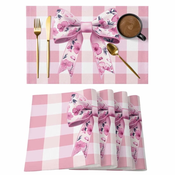 Placemats Set of 4 Flower Bow Non-Slip Place Mat Pink Check Table Mats Washable Stain-Resistant Tablemats for Party/Dining Room/Kitchen Decorations