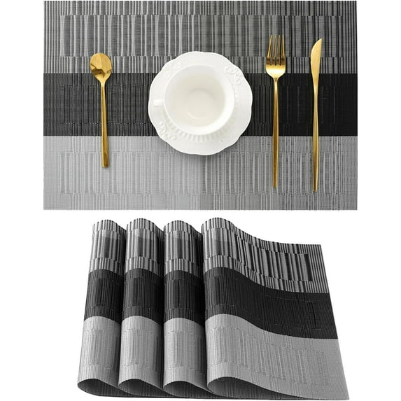 Placemats Set of 4 - Heat Resistant Non-Slip Place mats for Dining Table, Washable Durable PVC Vinyl Woven Table Mats(Grey Stripe, 4)