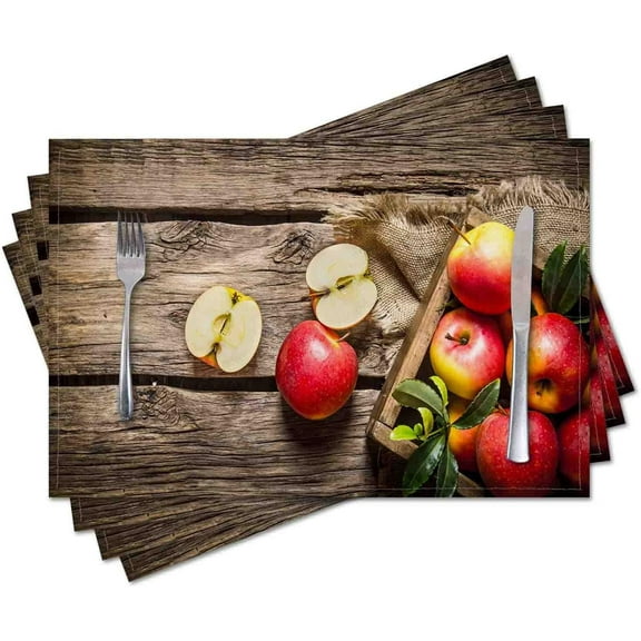 Placemats Set of 4,Red Apple Wood,Washable Burlap Woven Heat Resistant Placemat for Dinning Table,Farmhouse,Outdoor,18X12 Inch