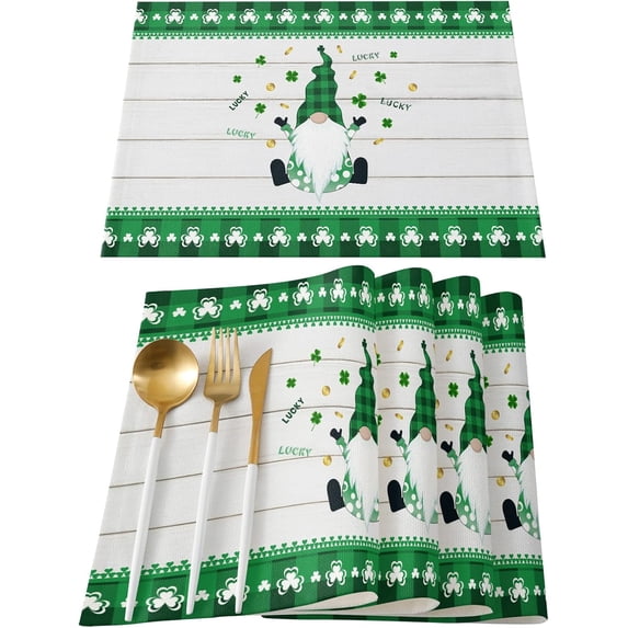 Placemats Set of 4, Saint Patrick Gnome with Clover Green Plaid Washable Burlap & Cotton Placemats for Kitchen Dining Table Holiday Home Decoration